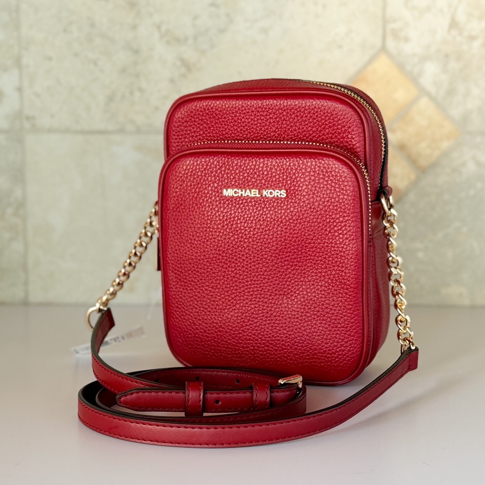 Michael Kors Jet Set Travel MD Chain Crossbody Flight Bag Cherry
